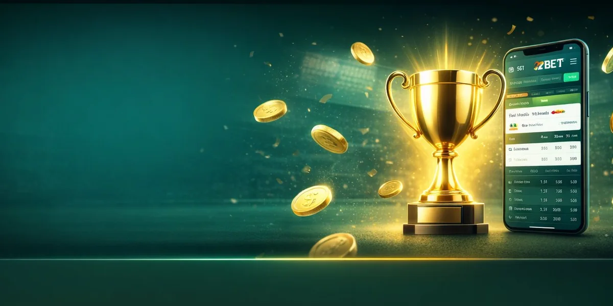 Gold trophy beside a smartphone among flying gold coins